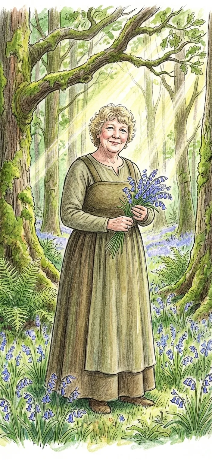A storybook-style illustration of Anne in a bluebell forest, wearing period dress and holding bluebells