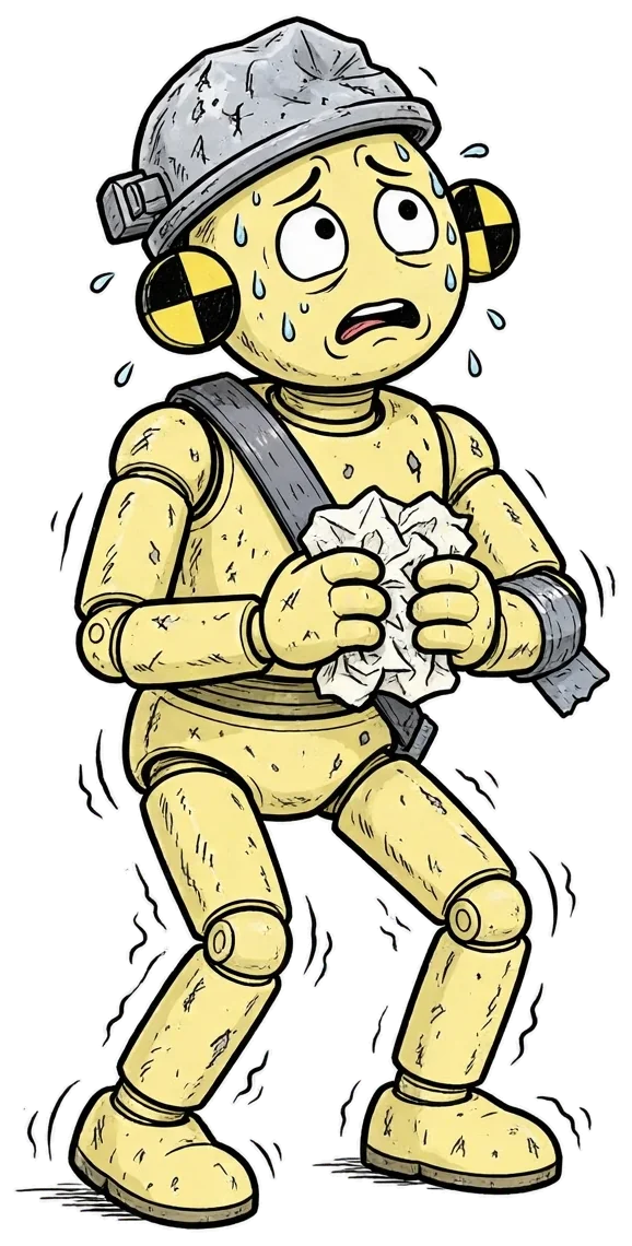A nervous crash-test dummy in a dented helmet, sweating