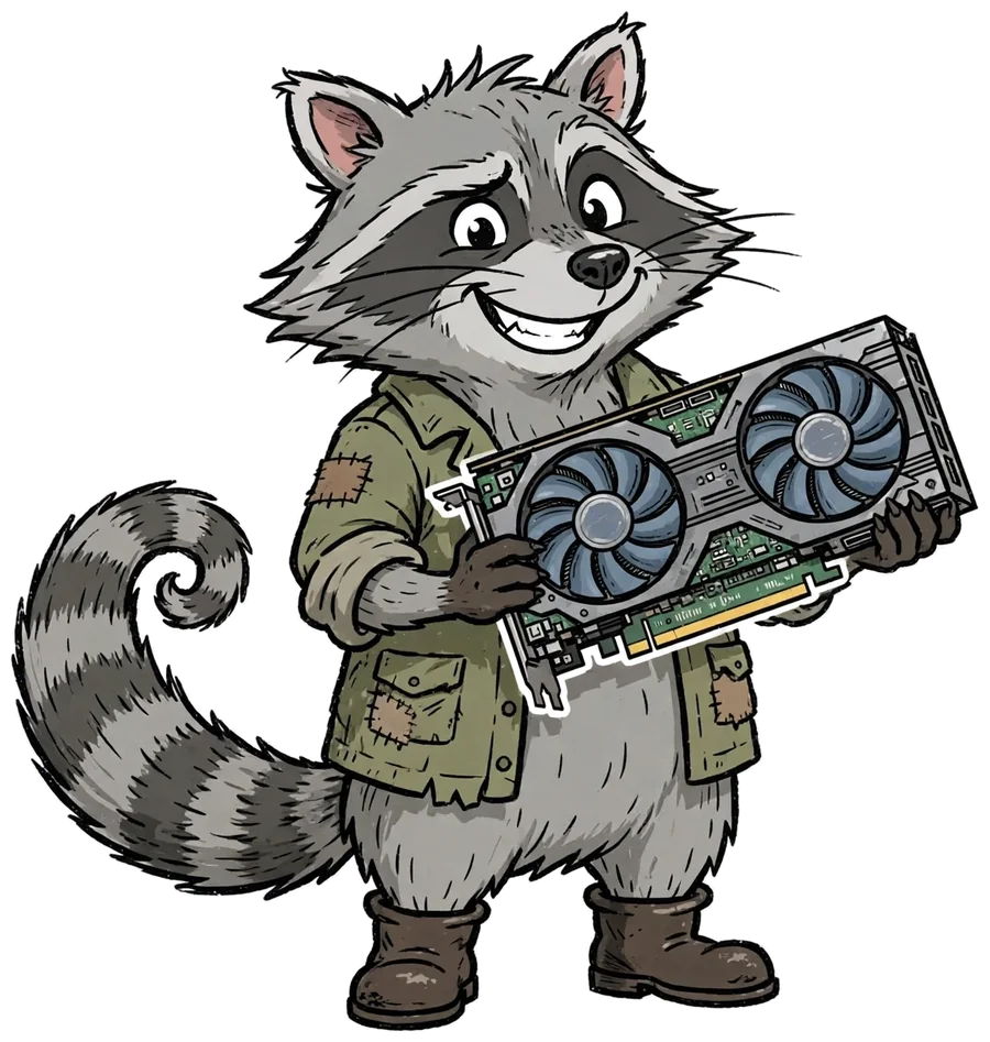 Gus the raccoon proudly holding a graphics card