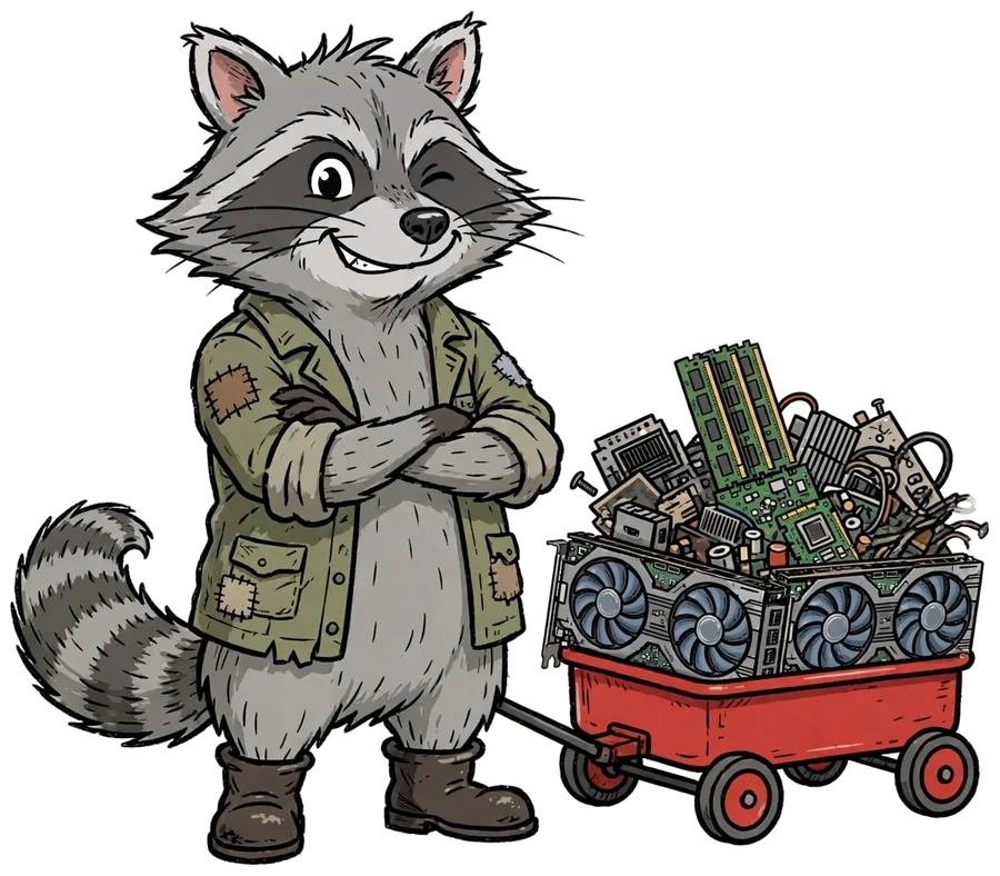 Gus the raccoon next to a red wagon piled with computer parts