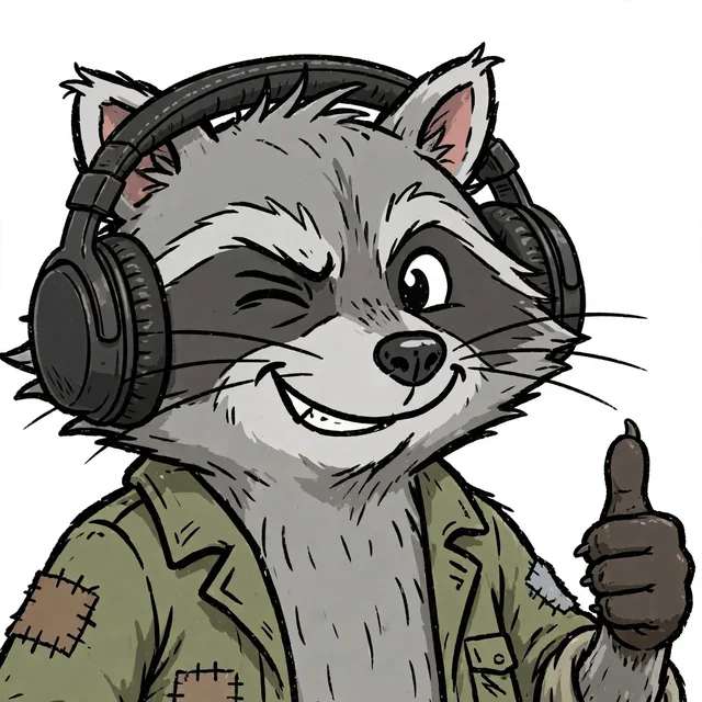 Gus, the Quant Poor raccoon, winking and giving a thumbs-up in headphones