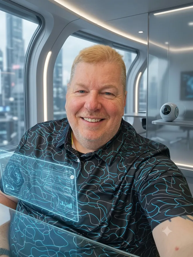 Illustration: Matt Cox at a computer in a futuristic lab